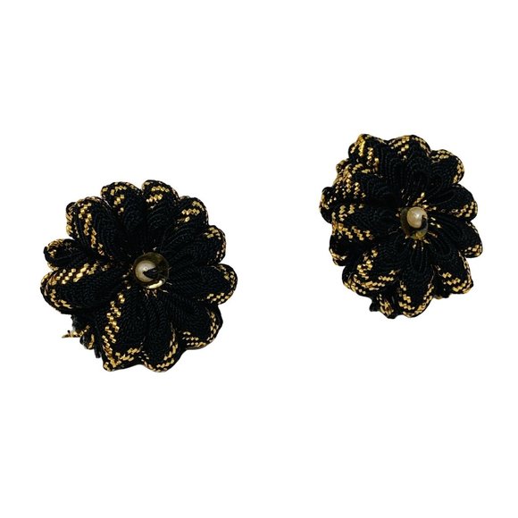 Vintage Fabric Floral Black Gold Screw Back Earrings - Picture 1 of 4